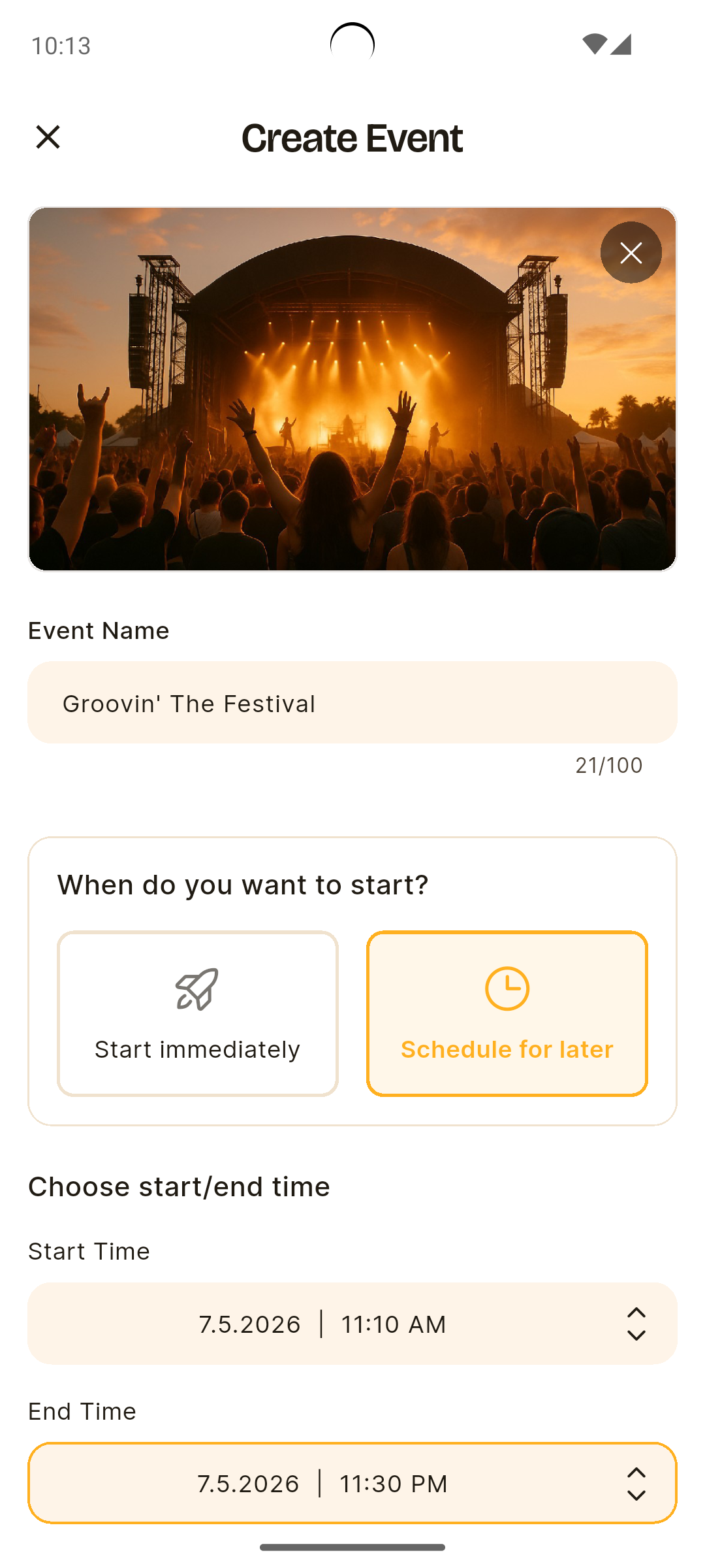 Camdid Create Event screen